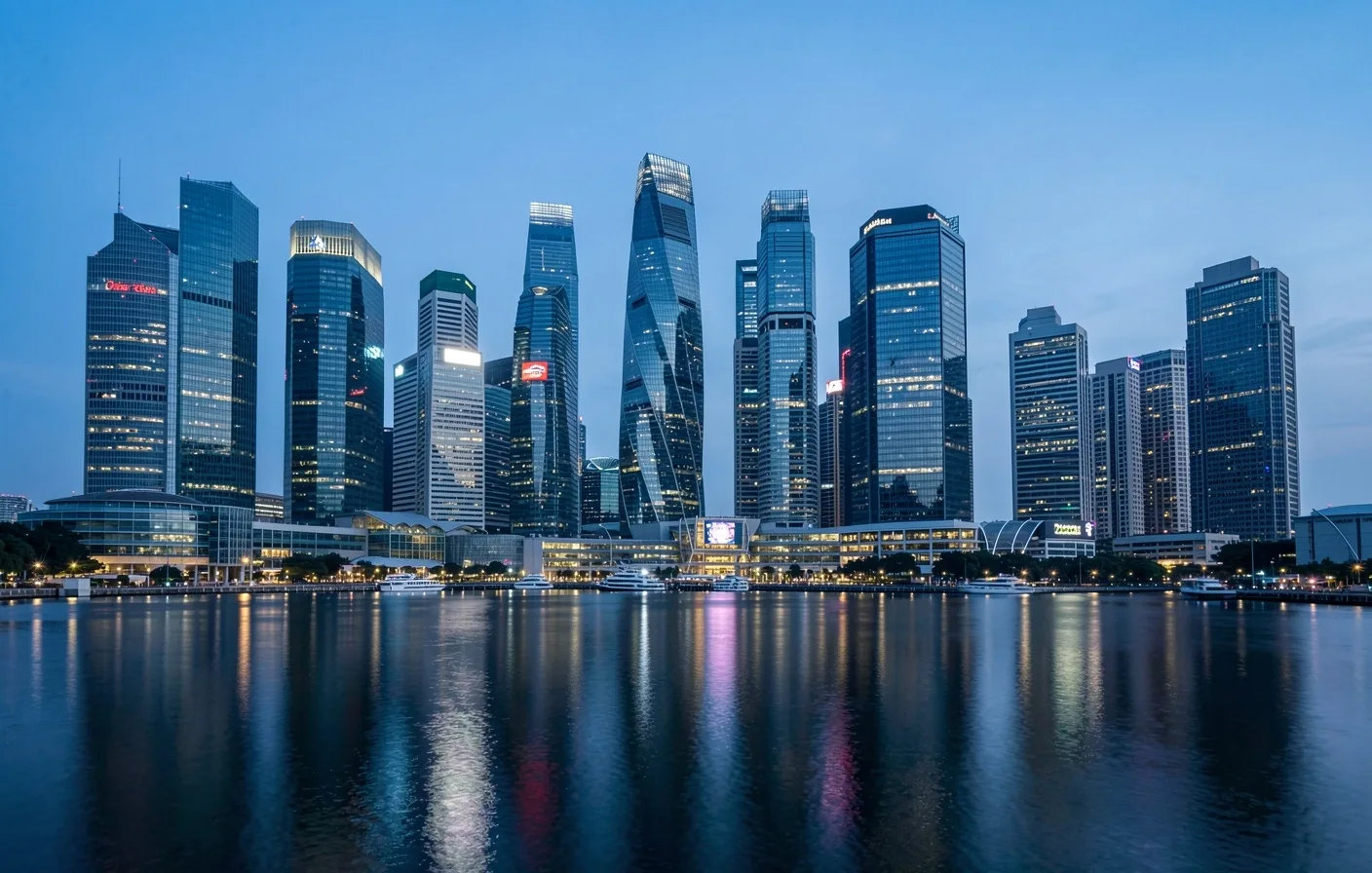 Singapore Marina Bay Financial Centre at dusk