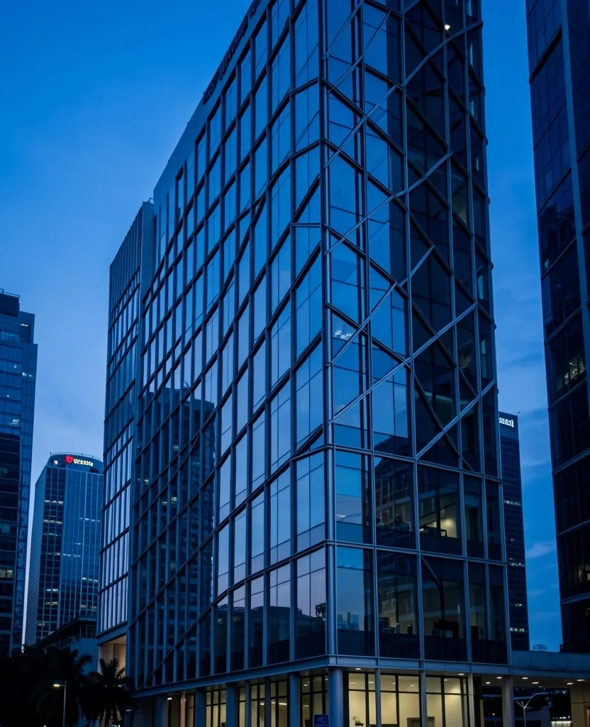 Singapore financial district building facade at dusk
