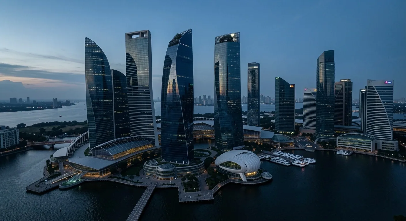 Singapore Marina Bay Financial Centre at dusk